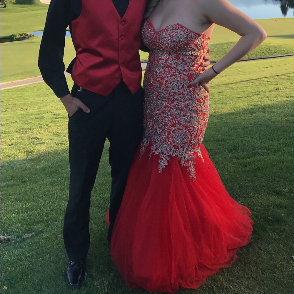 Red and gold prom dress